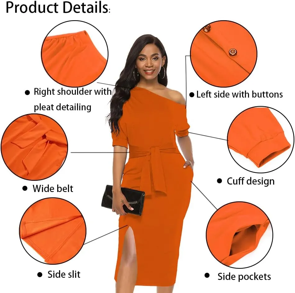 Womens Classy Off Shoulder Short Sleeve Belted Side Slit Midi Pencil Dress with Pockets