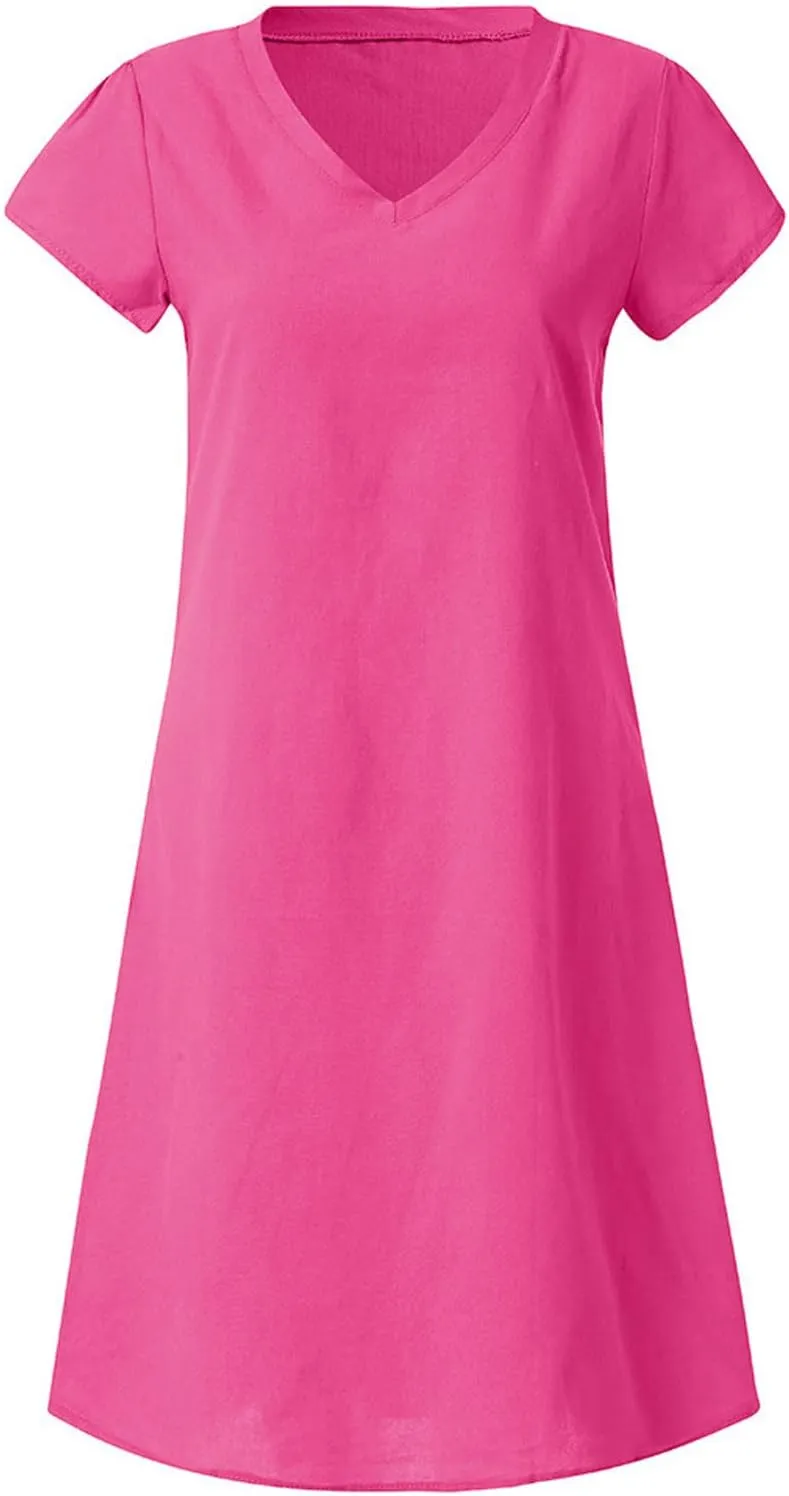 Womens Cotton Linen Midi Dress Summer Solid Color Short Sleeve V-Neck T-Shirt Dresses Plus Size Flowy Beach Dress
