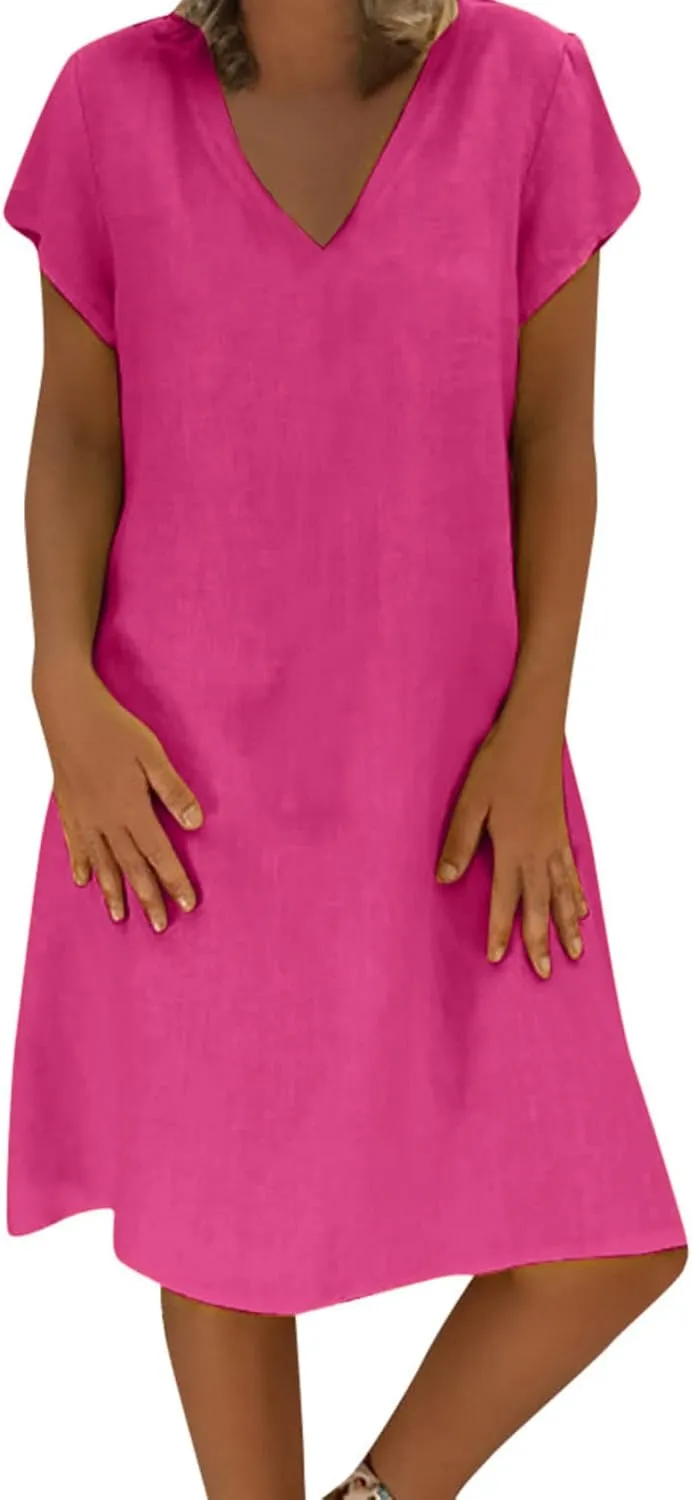 Womens Cotton Linen Midi Dress Summer Solid Color Short Sleeve V-Neck T-Shirt Dresses Plus Size Flowy Beach Dress
