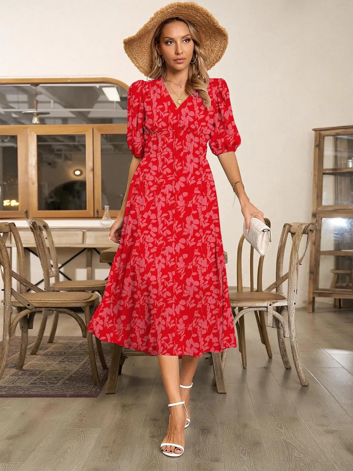 Womens Floral Flowy Wrap V Neck Midi Dress Short Sleeve Elastic Waist Casual Spring Summer Dresses for Women 2025