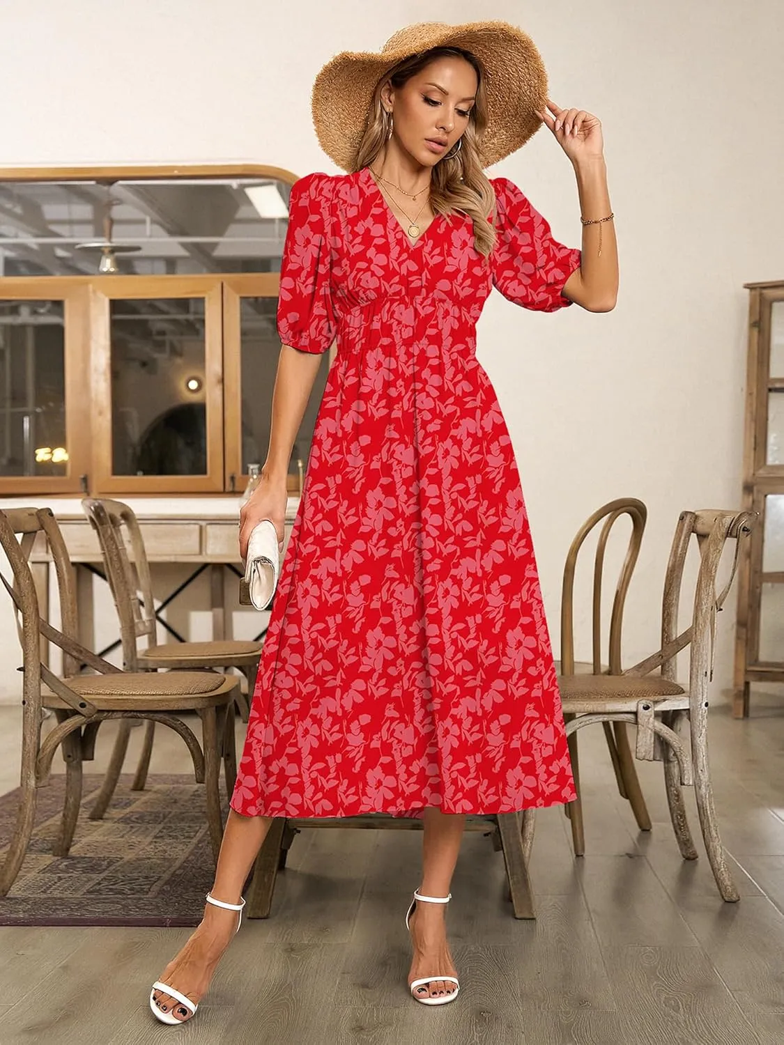 Womens Floral Flowy Wrap V Neck Midi Dress Short Sleeve Elastic Waist Casual Spring Summer Dresses for Women 2025