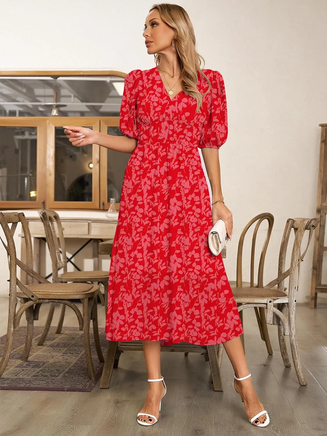 Womens Floral Flowy Wrap V Neck Midi Dress Short Sleeve Elastic Waist Casual Spring Summer Dresses for Women 2025