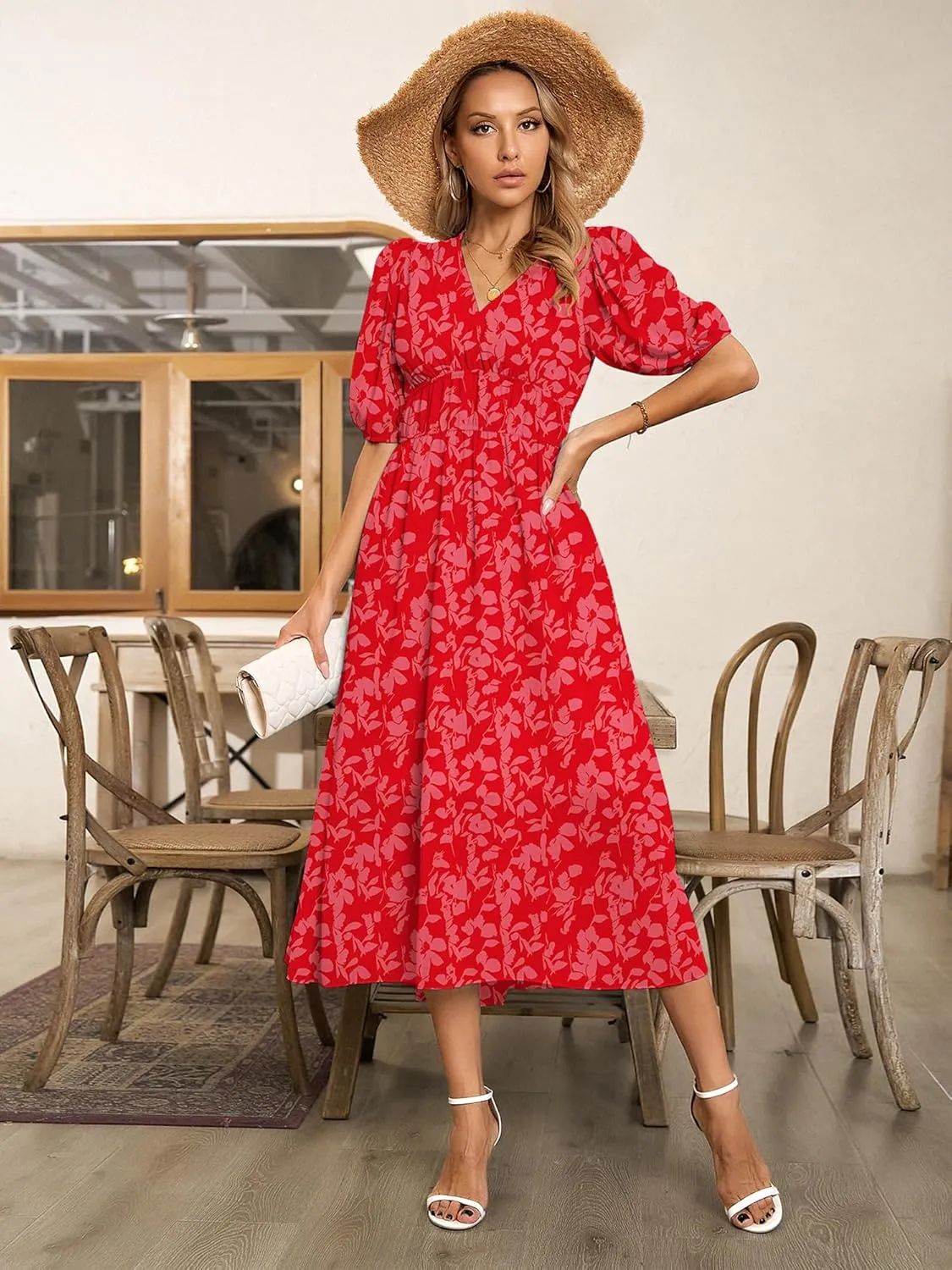 Womens Floral Flowy Wrap V Neck Midi Dress Short Sleeve Elastic Waist Casual Spring Summer Dresses for Women 2025