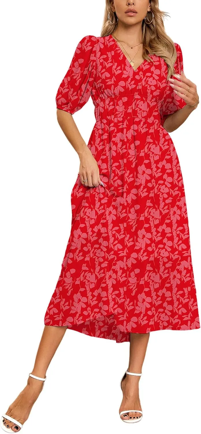 Womens Floral Flowy Wrap V Neck Midi Dress Short Sleeve Elastic Waist Casual Spring Summer Dresses for Women 2025