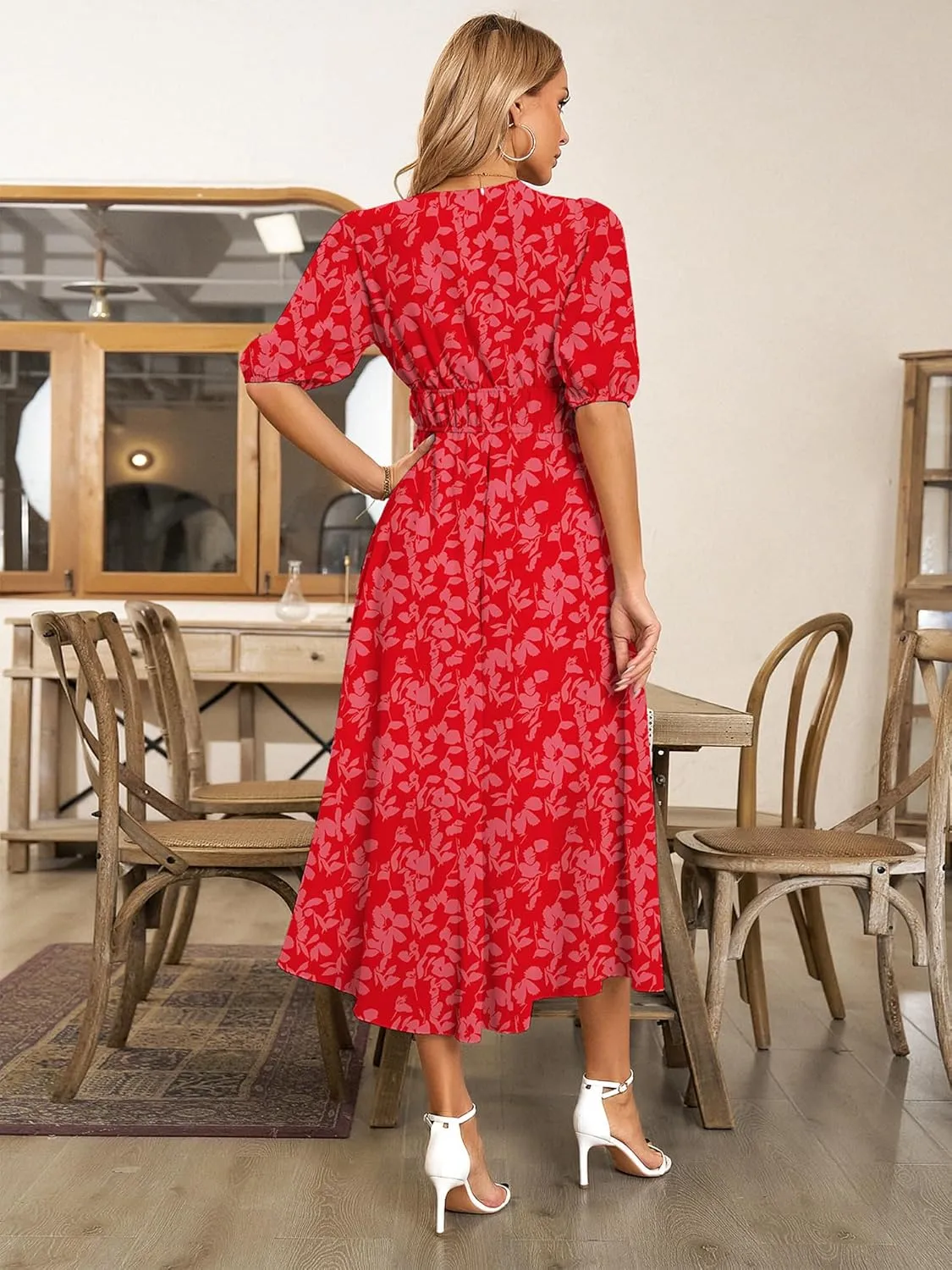 Womens Floral Flowy Wrap V Neck Midi Dress Short Sleeve Elastic Waist Casual Spring Summer Dresses for Women 2025
