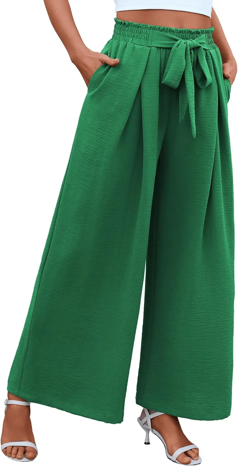 Women's High Waist Wide Leg Long Palazzo Pants Front Knot Tie Elastic Trousers with Pockets Lounge Business Work Pants