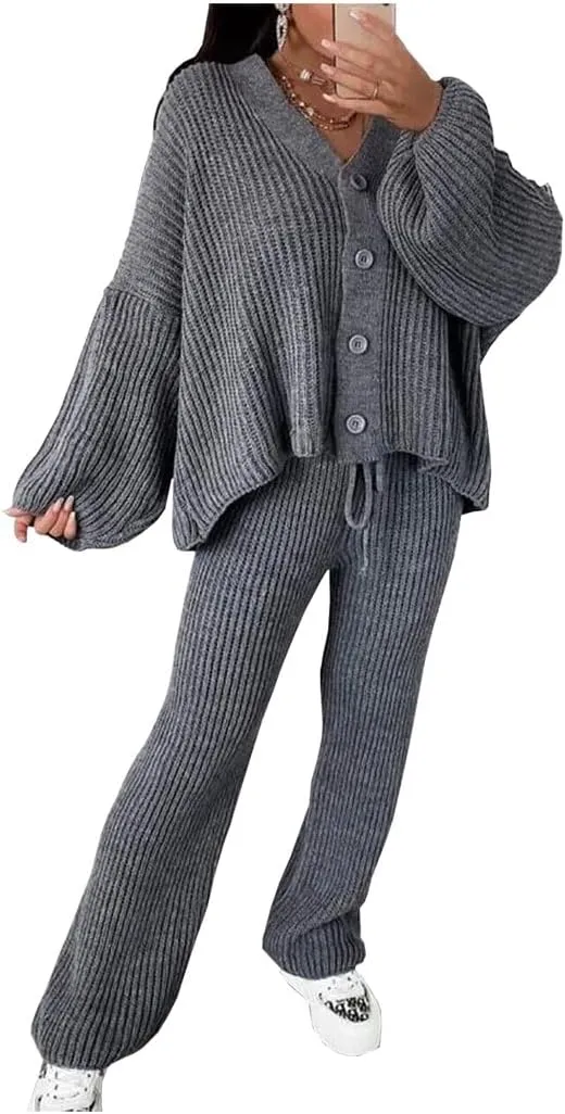 Womens Italian Knitted 4 Button Cardigan Tops Set Ladies Co-Ord Wide Leg Lounge Wear Jogger Tracksuits