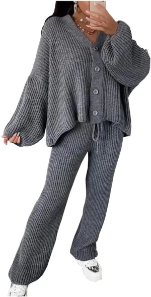 Womens Italian Knitted 4 Button Cardigan Tops Set Ladies Co-Ord Wide Leg Lounge Wear Jogger Tracksuits