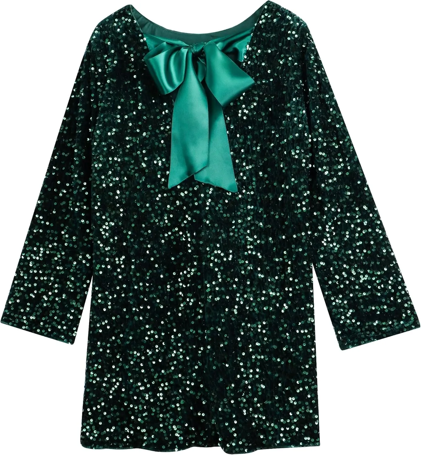 Womens Long Sleeve Sparkly Sequin Mini Dress Backless Bow Tie Short Dress Loose Fit Party Cocktail Glitter Dresses