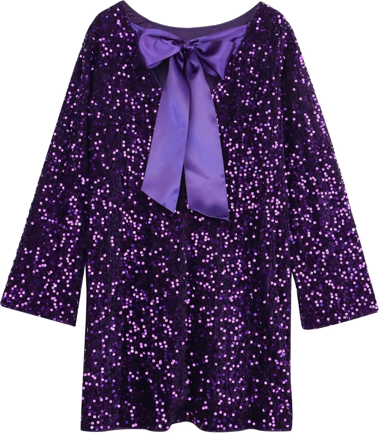 Womens Long Sleeve Sparkly Sequin Mini Dress Backless Bow Tie Short Dress Loose Fit Party Cocktail Glitter Dresses