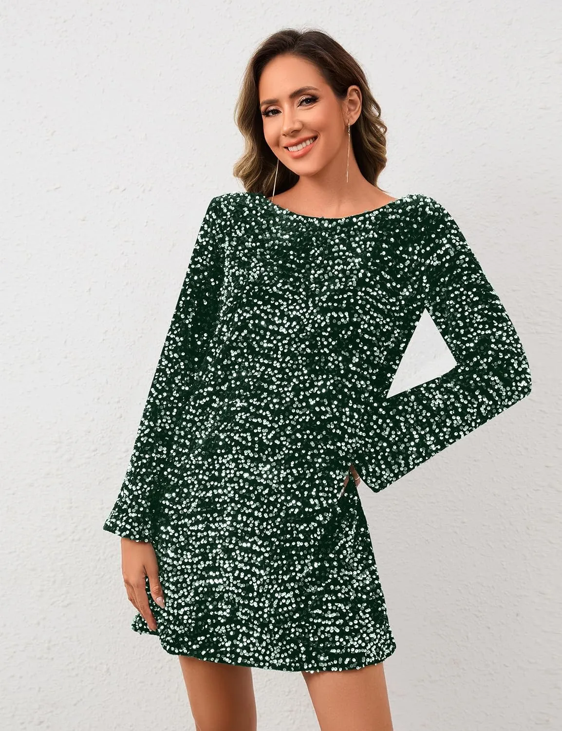 Womens Long Sleeve Sparkly Sequin Mini Dress Backless Bow Tie Short Dress Loose Fit Party Cocktail Glitter Dresses