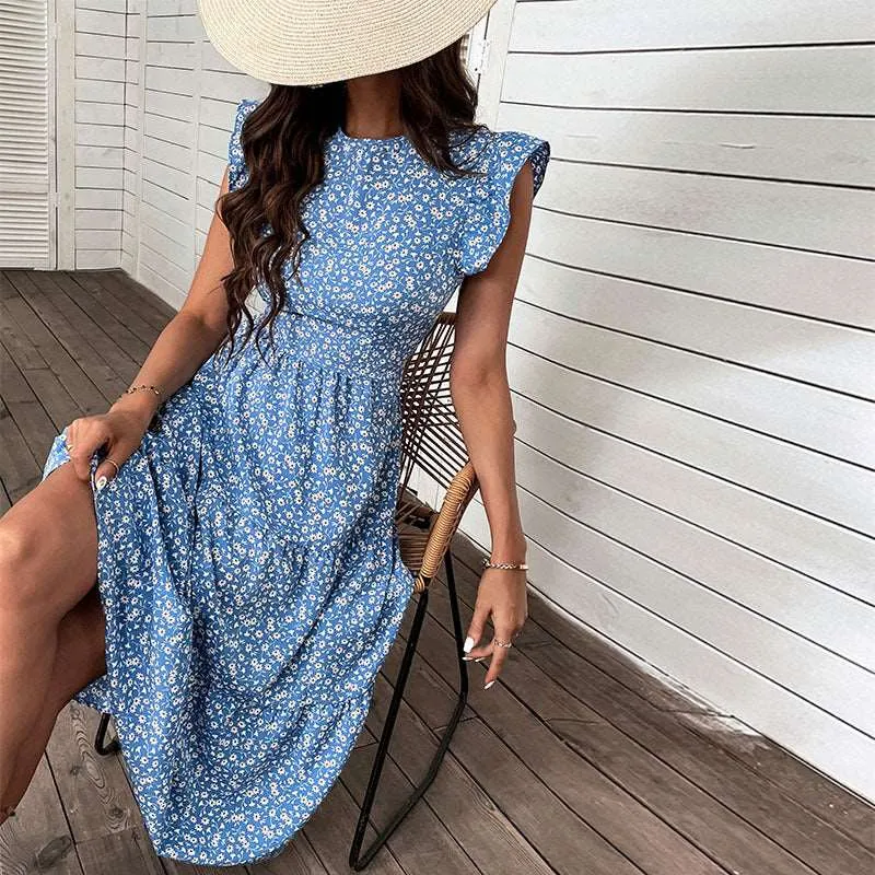 Women's Retro Style High Waist Round Neck Floral Dress