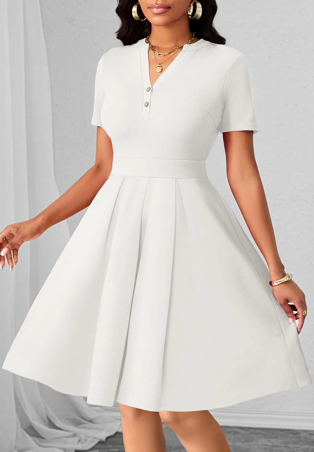 Womens Short Sleeve V Neck Casual Semi-Formal Dress Wedding Guest Cocktail Dresses with Pockets