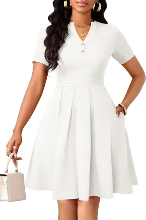 Womens Short Sleeve V Neck Casual Semi-Formal Dress Wedding Guest Cocktail Dresses with Pockets