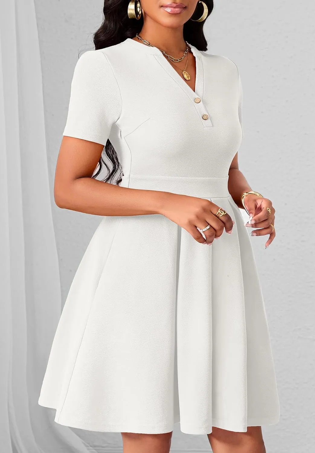 Womens Short Sleeve V Neck Casual Semi-Formal Dress Wedding Guest Cocktail Dresses with Pockets