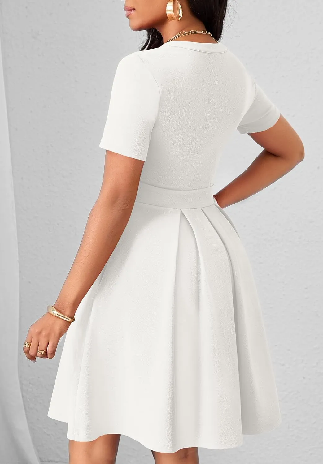 Womens Short Sleeve V Neck Casual Semi-Formal Dress Wedding Guest Cocktail Dresses with Pockets