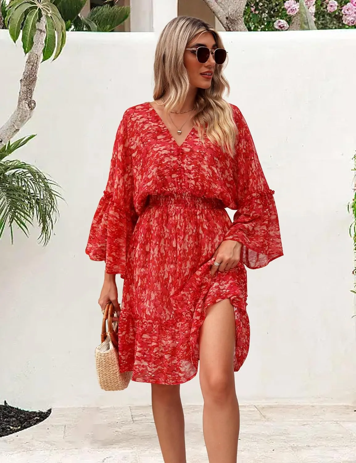 Women's Spring Summer 2023 Floral Mini Dress Boho A Line Chiffon Dress Casual Batwing Sleeve Short Dress