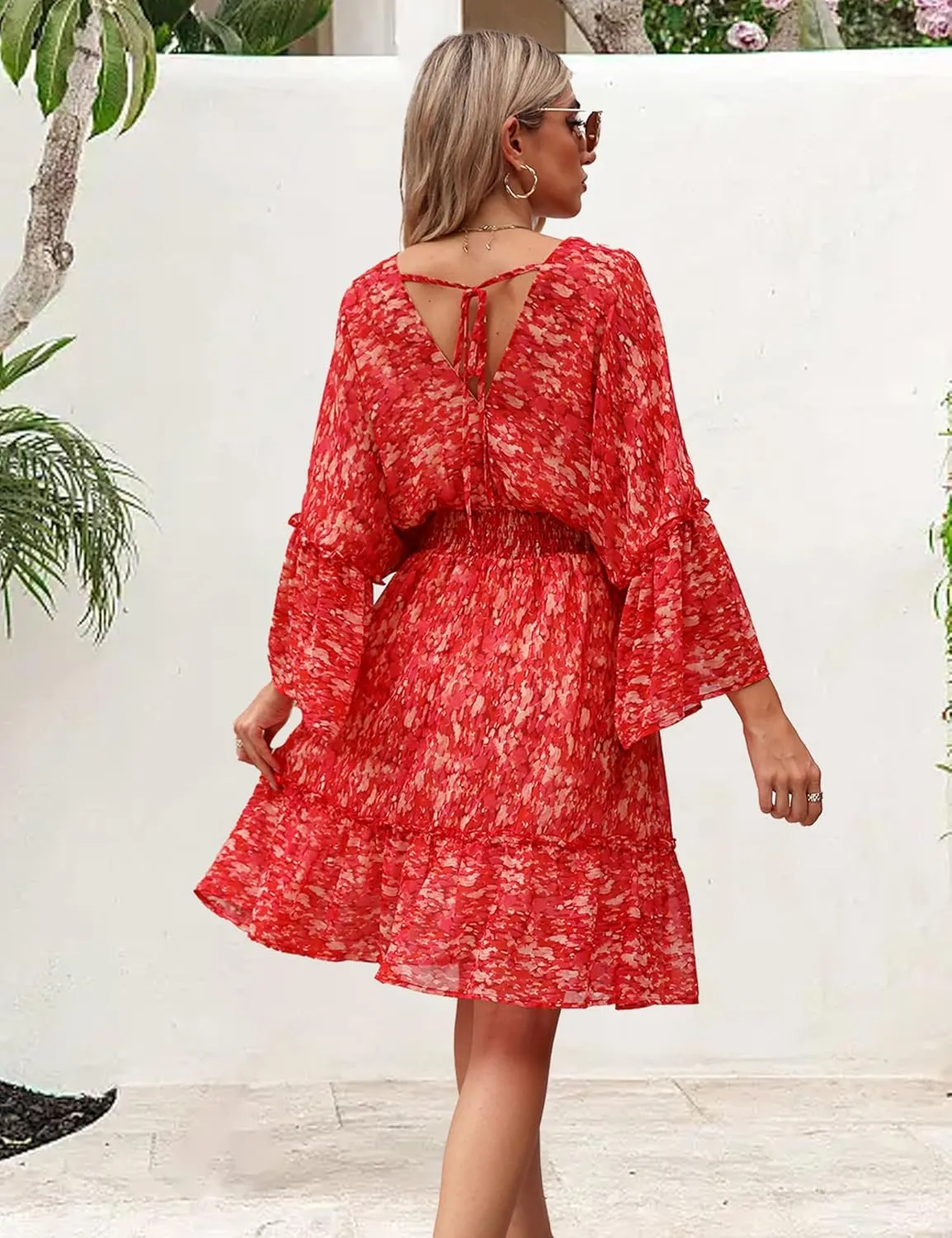 Women's Spring Summer 2023 Floral Mini Dress Boho A Line Chiffon Dress Casual Batwing Sleeve Short Dress
