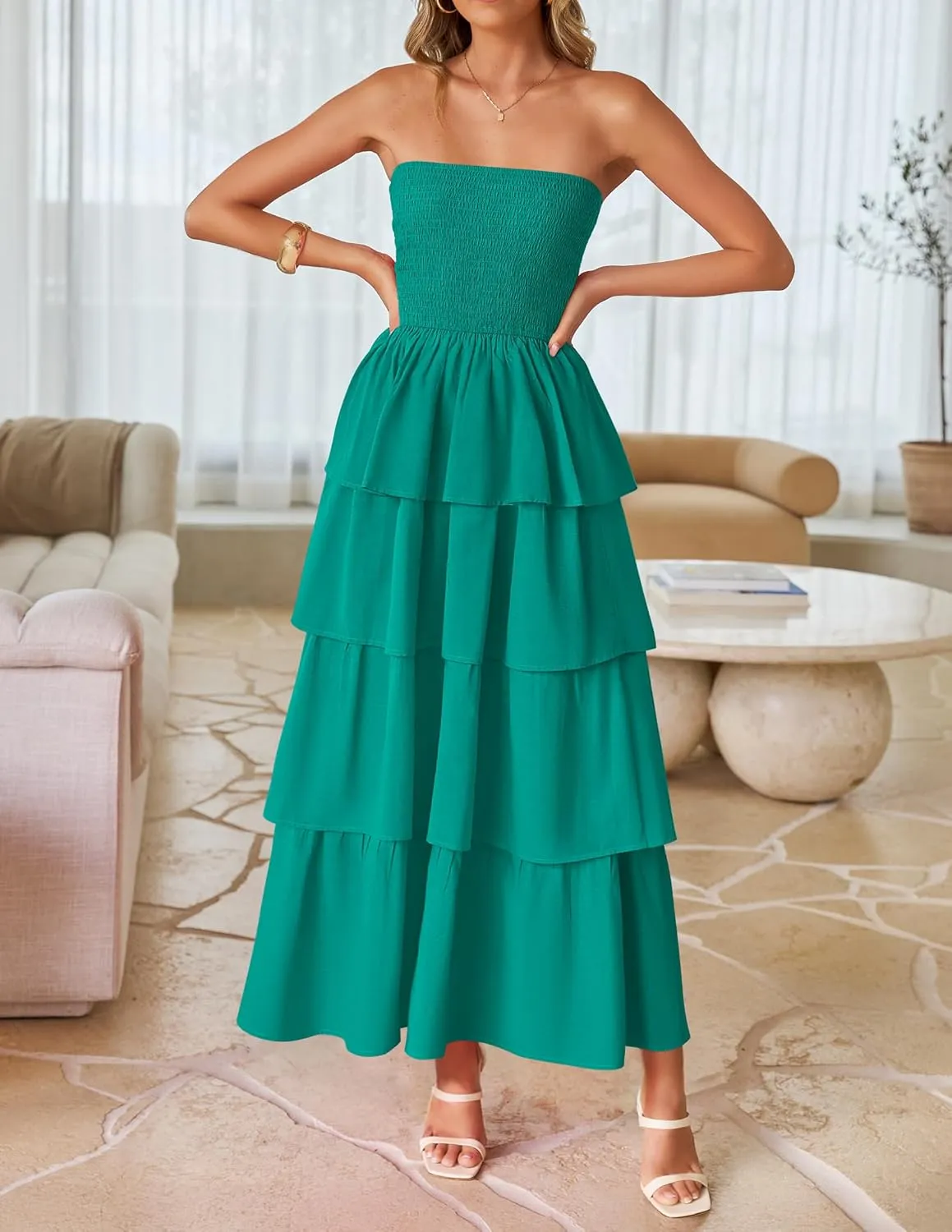 ZESICA Womens Summer Boho Strapless Maxi Dress 2025 Casual Sleeveless Off Shoulder Smocked Tiered Beach Long Sundress