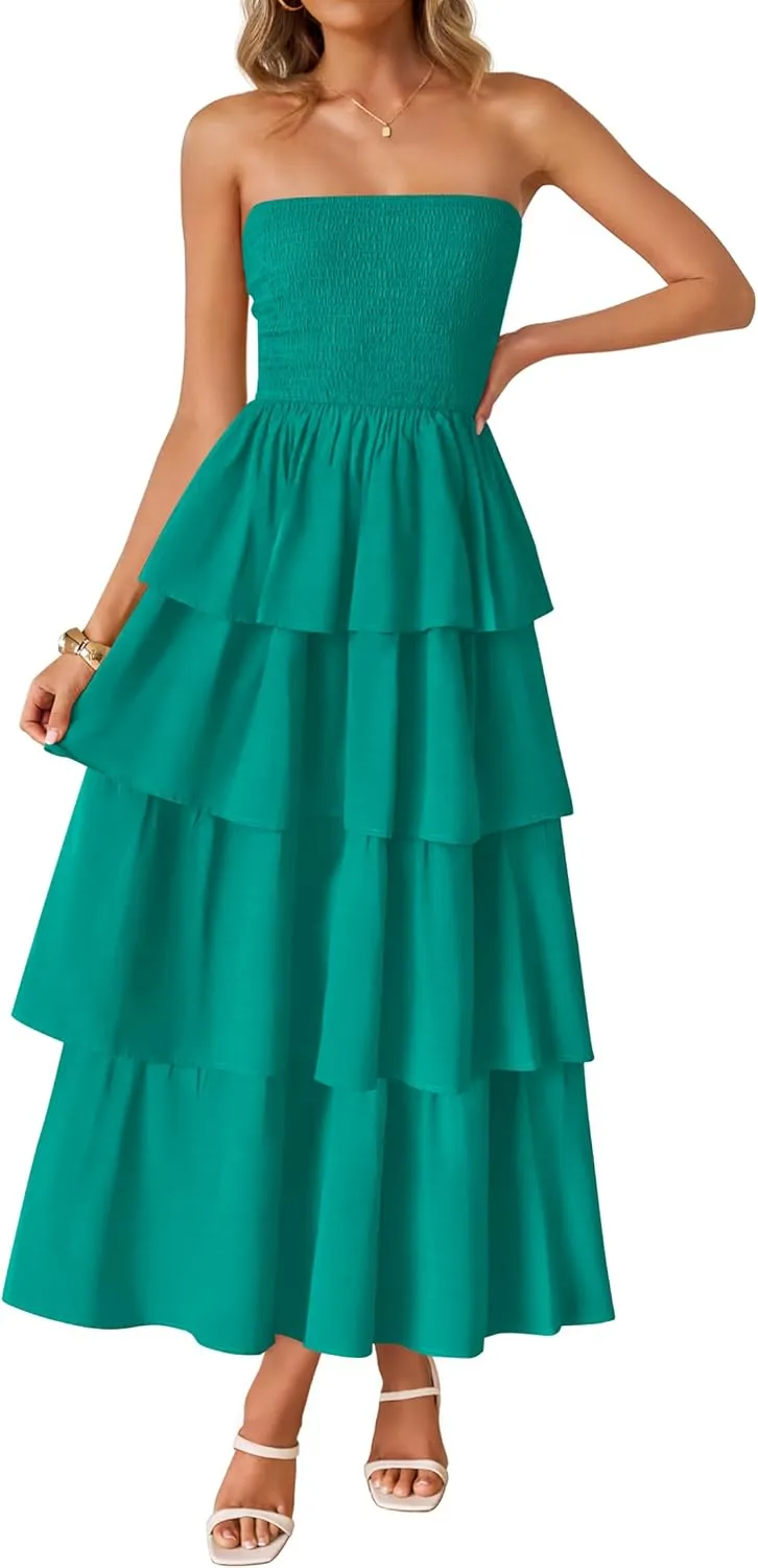 ZESICA Womens Summer Boho Strapless Maxi Dress 2025 Casual Sleeveless Off Shoulder Smocked Tiered Beach Long Sundress