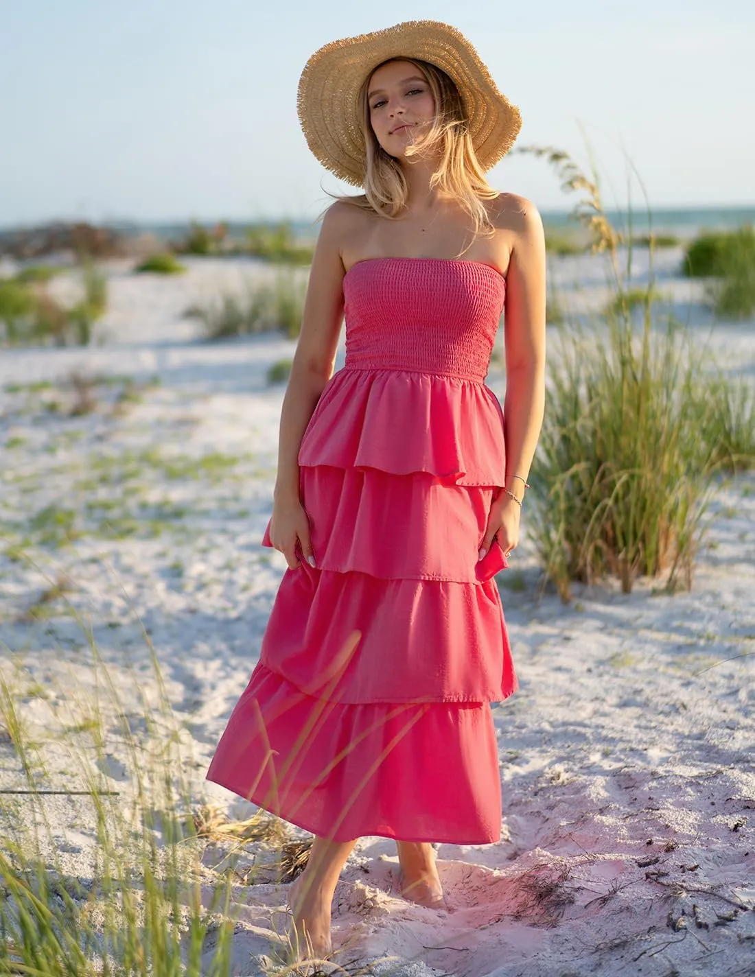 ZESICA Womens Summer Boho Strapless Maxi Dress 2025 Casual Sleeveless Off Shoulder Smocked Tiered Beach Long Sundress