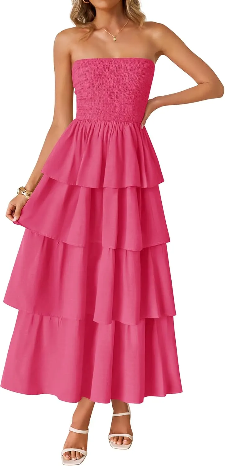 ZESICA Womens Summer Boho Strapless Maxi Dress 2025 Casual Sleeveless Off Shoulder Smocked Tiered Beach Long Sundress