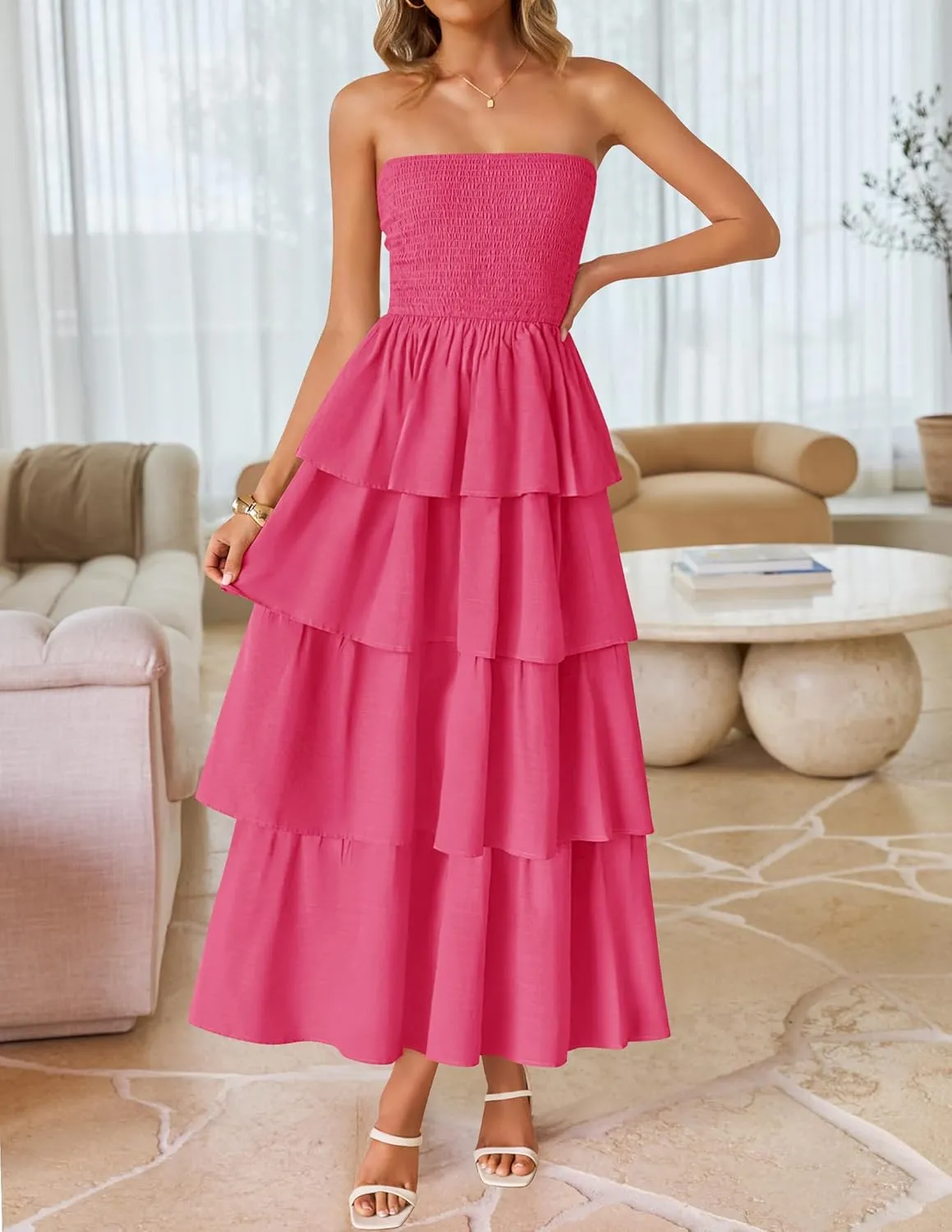 ZESICA Womens Summer Boho Strapless Maxi Dress 2025 Casual Sleeveless Off Shoulder Smocked Tiered Beach Long Sundress