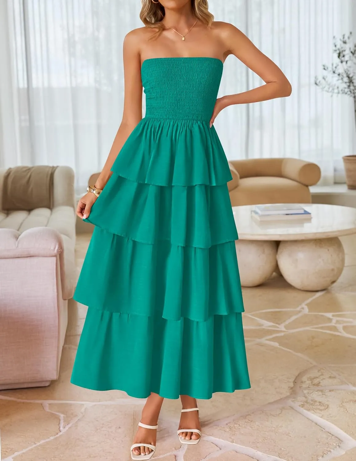 ZESICA Womens Summer Boho Strapless Maxi Dress 2025 Casual Sleeveless Off Shoulder Smocked Tiered Beach Long Sundress