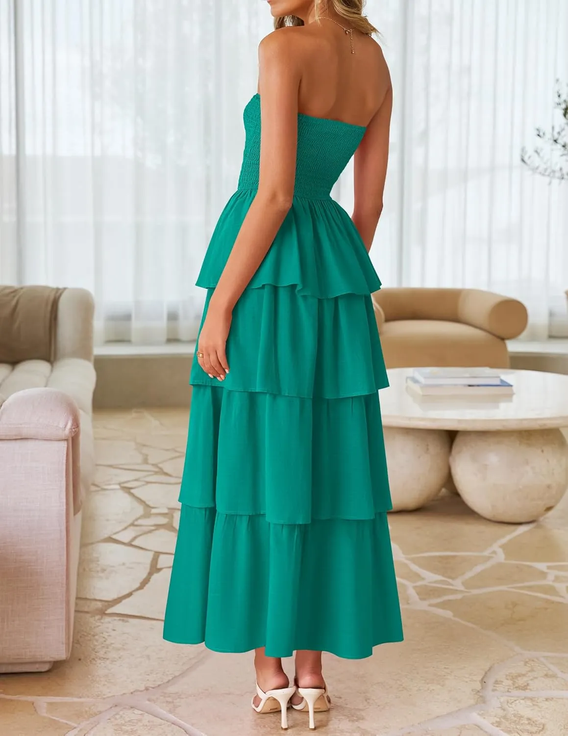 ZESICA Womens Summer Boho Strapless Maxi Dress 2025 Casual Sleeveless Off Shoulder Smocked Tiered Beach Long Sundress
