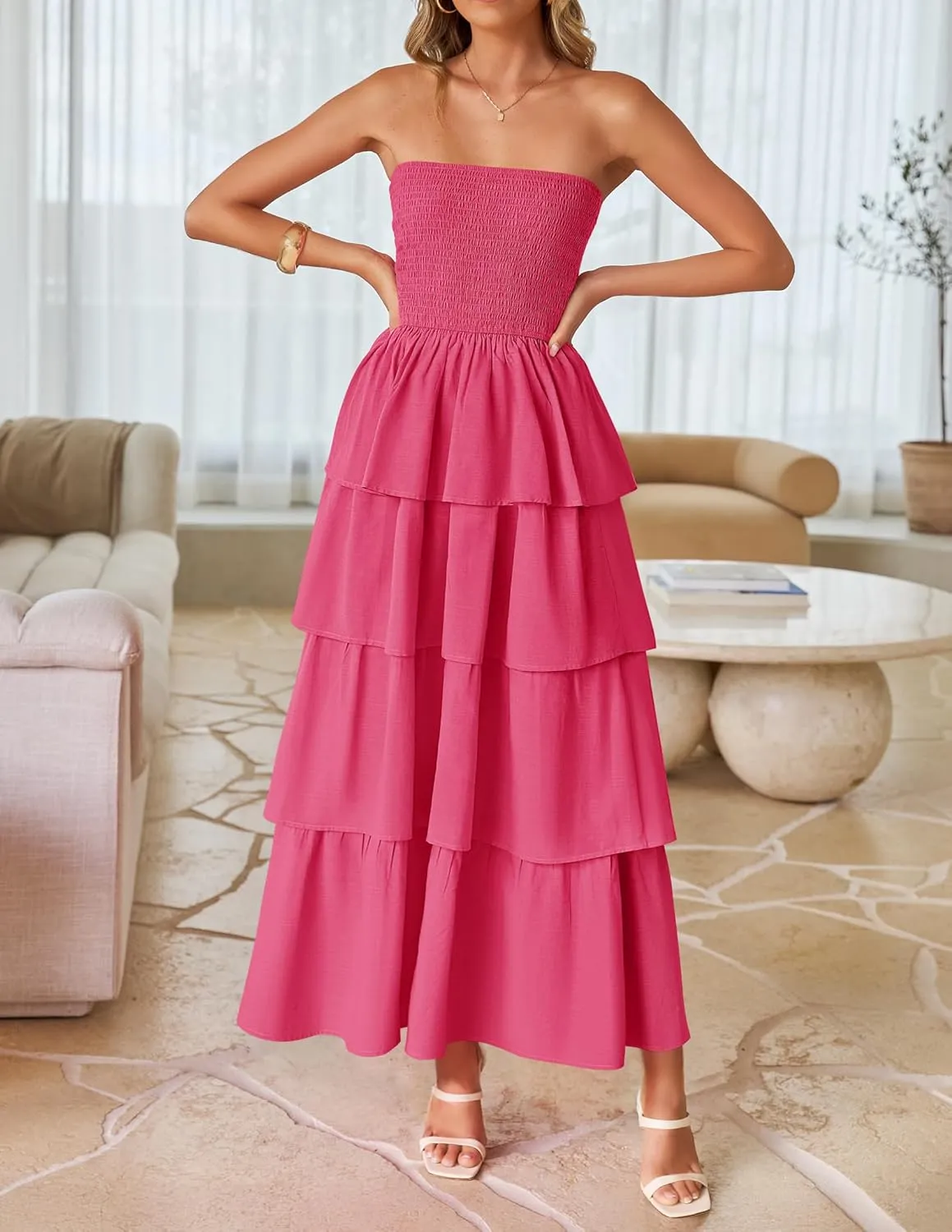 ZESICA Womens Summer Boho Strapless Maxi Dress 2025 Casual Sleeveless Off Shoulder Smocked Tiered Beach Long Sundress