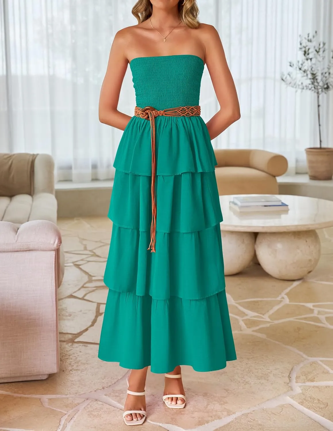ZESICA Womens Summer Boho Strapless Maxi Dress 2025 Casual Sleeveless Off Shoulder Smocked Tiered Beach Long Sundress