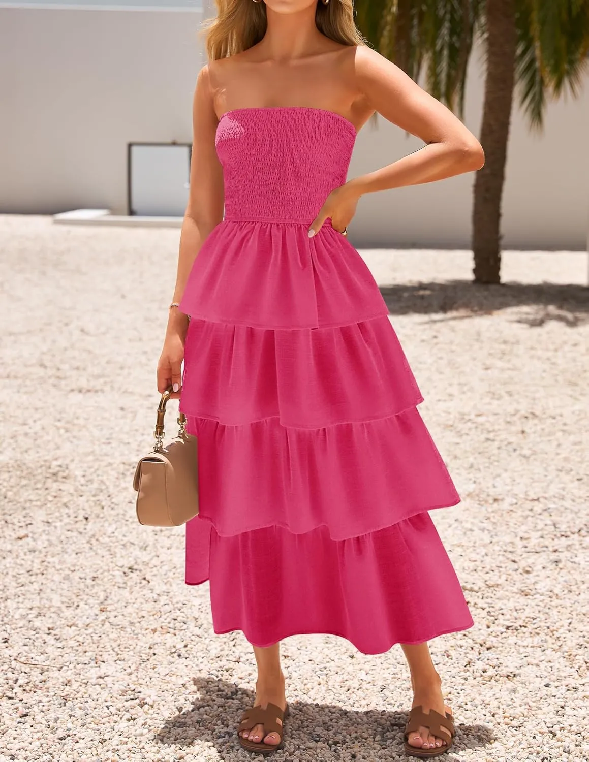 ZESICA Womens Summer Boho Strapless Maxi Dress 2025 Casual Sleeveless Off Shoulder Smocked Tiered Beach Long Sundress