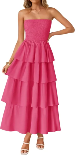 ZESICA Womens Summer Boho Strapless Maxi Dress 2025 Casual Sleeveless Off Shoulder Smocked Tiered Beach Long Sundress