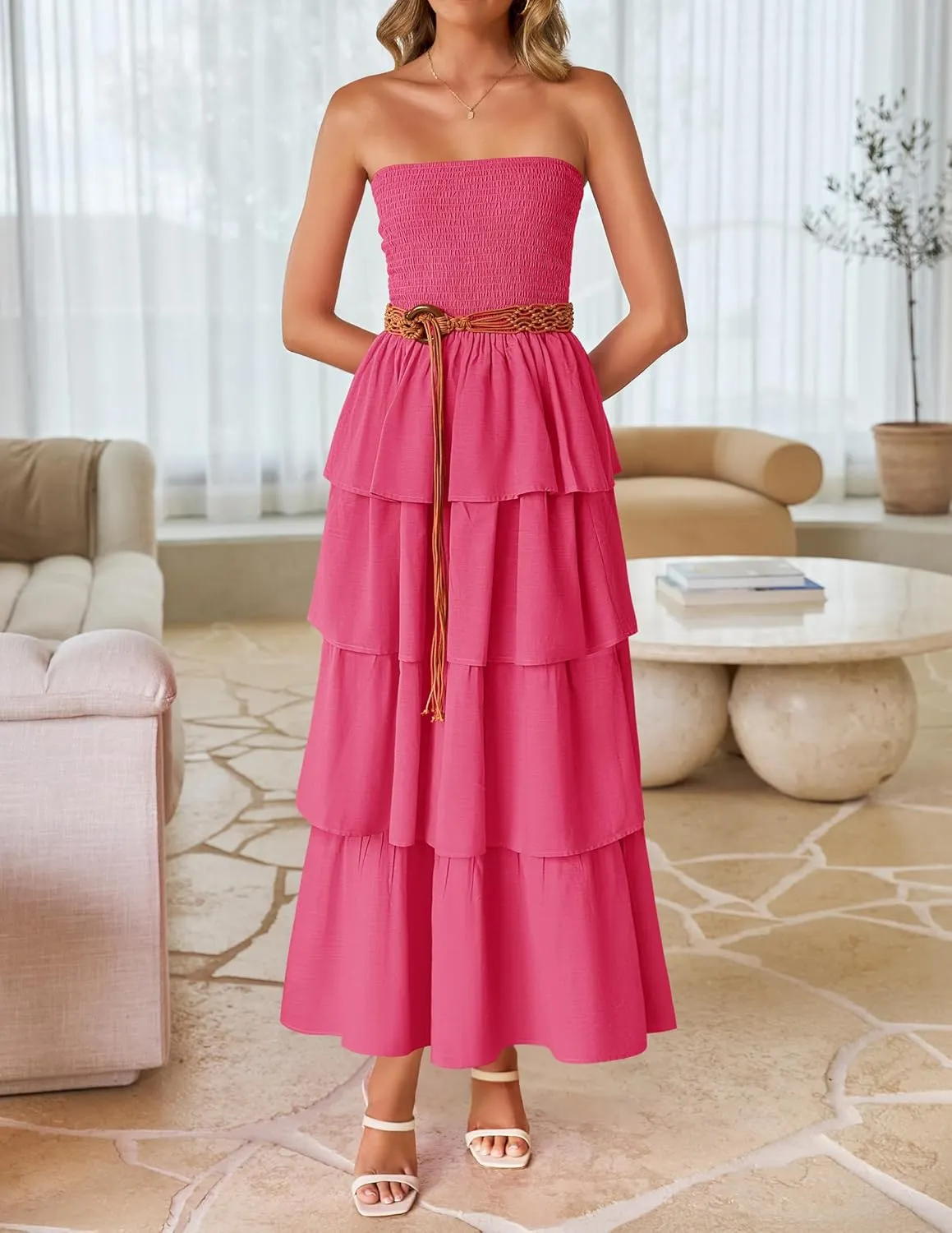 ZESICA Womens Summer Boho Strapless Maxi Dress 2025 Casual Sleeveless Off Shoulder Smocked Tiered Beach Long Sundress